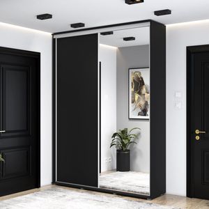 Hoge kledingkast met 2 schuifdeuren - Kledingkast met spiegel - 120x242x45 cm - Zwart - Aluminium handgrepen - Interieur met planken en roede - Hoge kwaliteitsgarantie