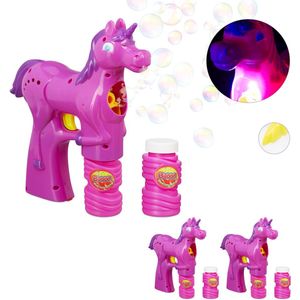 Relaxdays 3x bellenblaas pistool eenhoorn - LED - bellenblaasmachine - unicorn - roze