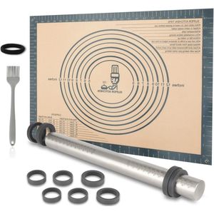 Siliconen bakmat 50 x 40 cm - antislip - roestvrij staal - verstelbare deegroller - grijs