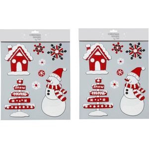 2x stuks velletjes raamstickers sneeuwversiering rood/wit 34,5 cm - Raamversiering/raamdecoratie stickers kerstversiering