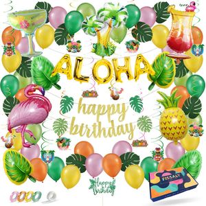 Fissaly 78 Stuks Hawaii Flamingo, Ananas & Palmbladeren Feest Decoratie – Aloha & Tropisch – Slingers, Ballonnen & Accessoires