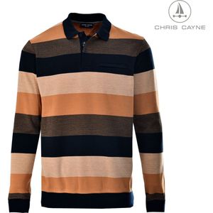 Chris Cayne polo sweater streep lange mouw - maat M - kleur pompoen - heren poloshirt met boord - sweatshirt - ingebreide streep - camel/blauw - borstzak