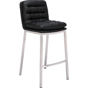 Barkruk Sylvanus Deluxe - Zwart - RVS - Modern Design - Ergonomische Barstoelen - Set van 1 - Met Rugleuning - Voetensteun - Voor Keuken en Bar - Gestoffeerde Zitting - Imitatie Leder