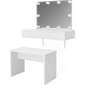 Vicco Make-uptafel set met kruk Alessia, Wit, 90 cm met LED-verlichting en bankje