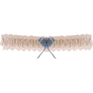 Kousenband ivoor met blauw bloemetje en strass