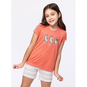 Woody pyjama meisjes/dames - koraalrood - zeepaardje - 241-10-BST-S/435 - maat 152