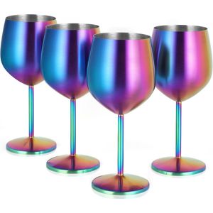 Set van 4 rode wijnglazen, 550 ml, wijnglazen van roestvrij staal, champagneglazen, grote buikig, cocktailglazen met steel, wijnglasset voor cocktails, rode wijn, kleurrijk (4 stuks)