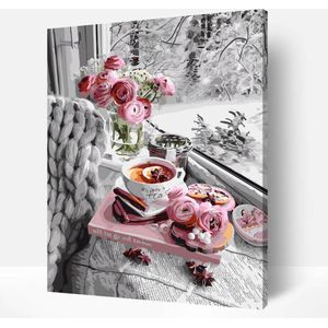 Schilderen Op Nummer Volwassenen DIY Paint By Number Compleet Hobby Pakket op Frame met Vernis - ®Arty Bee - Winter Thee 40x50cm