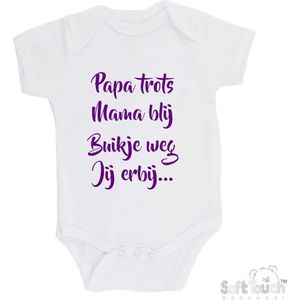 100% katoenen Romper ""Papa trots Mama blij Buikje weg Jij erbij..."""" Meisjes Katoen Wit/paars Maat 68/74