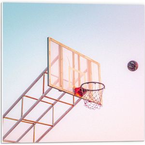 PVC Schuimplaat- Bal Vallend in Basket onder Blauwe Lucht - 50x50 cm Foto op PVC Schuimplaat