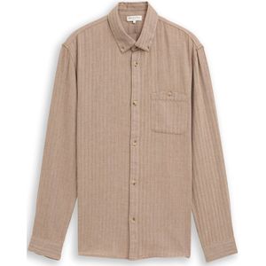 TOM TAILOR DENIM - Overhemd - Beige - Regular Fit - Lange Mouw - Visgraat