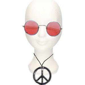 Toppers in concert - Hippie Flower Power verkleed set peace-teken ketting met ronde glazen zonnebril oranje