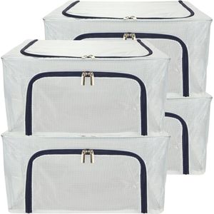 Opbergtassen, 4 stuks, 24 liter, kledingopslag met stalen frame, grijs, stapelbaar beddengoed, opslag voor dekbedden, kleding, kledingkast