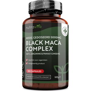 Nutravita Maca Wortel Capsules 5000mg (Hoge Sterkte) - 180 Vegan Black Maca capsules (6 maanden voorraad), goed voor Energie, Libido en Vitaliteit*, 100% Peruaanse met L-Arginine, Panax Ginseng & Peper