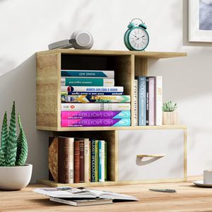 Desktop boekenplank met laden, opgewaardeerde stevige boekenkast organizer plank, displaytafel opbergplank voor thuiskantoor, woonkamer, studeerkamer, eiken kleurenboekenplank