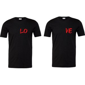 Matching set koppel-LOVE-voorkant shirts-zwart-rood-korte mouwen-Maat XL