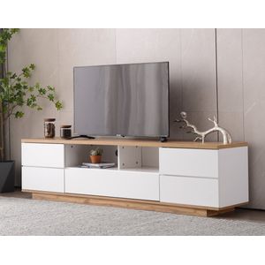 Moderne tv-kast -Midden-eeuwse moderne tv-standaard -Houten tv-console Mediakast met opbergruimte- Home Entertainment Center in wit en eiken voor woonkamer, slaapkamer en kantoor Hoogglans afwerking, houtnerf tv-kast -180 cm