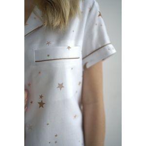 Sterren pyjama set dames–klassiek shirt& korte broek–handgeschilderde print–100% Katoensatijn–wit–maat S
