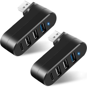 USB 3.0-hub met 90°/180° draaibaar, USB-hub met 1 USB C-voedings-/datapoort, USB-extender/USB-splitter Geschikt voor laptops, pc's, auto's, iMacs, MacBook Air/Pro, Tesla-2-pack