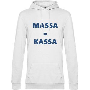 Hoodie met opdruk “Massa is kassa” Witte hoodie met blauwe opdruk – Goede pasvorm, fijn draag comfort
