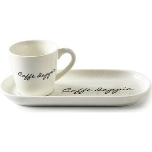 Riviera Maison Kop en Schotel Set, koffieKop met Tekst, Koffiemok - Caffè Doppio - Wit - 195 ml