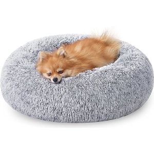 Fluffy hondenmand, kattenmand, donutkussen, wasbaar, verwijderbare middenvulling, lang pluche, 60 cm diameter, ombre grijs PGW038G01