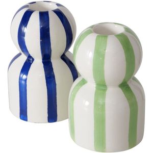 Boltze - Kaarsenhouder - Kandelaar - Set van 2 - Keramiek - Stripe - Wit/ Blauw en Wit/Groen - 6.2x10cm