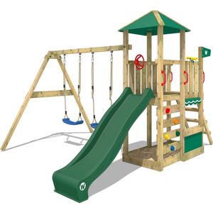 WICKEY speeltoestel klimtoestel Smart Savana met schommel & groene glijbaan, outdoor kinderspeeltoestel met zandbak, ladder & speelaccessoires voor in de tuin