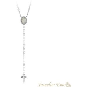 Juwelier Emo - Rozenkrans ketting Zilver met Witte stenen - Kruis hanger - 55 CM
