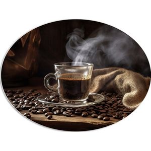 PVC Schuimplaat Ovaal - Koffie - Kopje - Koffiebonen - Zak - Rook - 80x60 cm Foto op Ovaal (Met Ophangsysteem)
