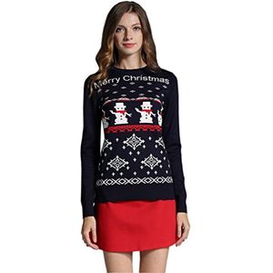 Lelijke Kersttrui Dames - Schattige Rendier en Sneeuwpop Patroon, Ronde Hals, Gebreid