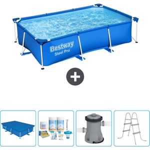 Bestway Rechthoekig Steel Pro Zwembad - 259 x 170 x 61 cm - Blauw - Inclusief Afdekzeil - Onderhoudspakket - Pomp - Ladder