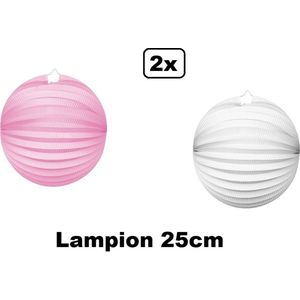 2x Lampion baby roze en wit 25cm - festival thema feest tropical verjaardag party papier BBQ strand licht fun