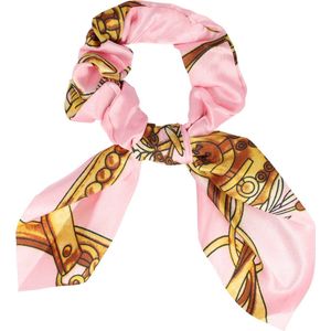 Haarsoires Haarelastiek Scrunchie – Strik Kettingprint – Gladde Stof – Roze - Haarkrinkel - Haar Elastiek met Stof - Zacht & Haarvriendelijk