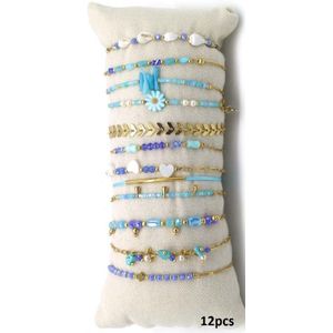 Armbanden Dames - Set 12 Stuks op Kussen - RVS - Lengte 17-21 cm - Goudkleurig en Blauw