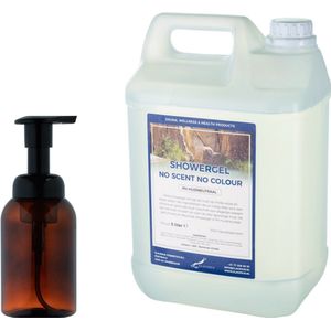 Zeepdispenser 300 ml amber bruin hervulbaar + 5 liter Showergel No Scent No Colour navulling