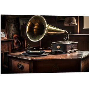 PVC Schuimplaat- Platenspeler - Hout - Goud - Muziek - Oud - 90x60 cm Foto op PVC Schuimplaat