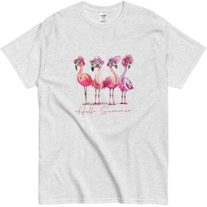 T Shirt Dames Heren met Grappige Zomer Flamingo's - Hello Summer - Licht Grijs - S