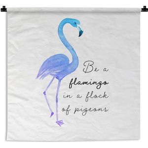 Wandkleed - Wanddoek - Flamingo - Waterverf - Letters - Blauw - 90x90 cm - Wandtapijt