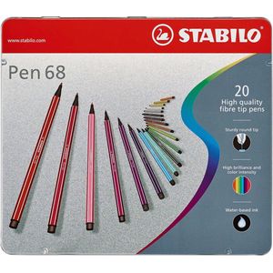 STABILO Pen 68 viltstift, metalen doos van 20 stiften in geassorteerde kleuren 5 stuks