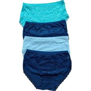 Dames - Ondergoed - Slips - 95% Katoen - 4 Stuks - Met Kant - Normale Taille - Kleur - Wit, Blauw, Mintgroen, Blauw - Maat 42/XL