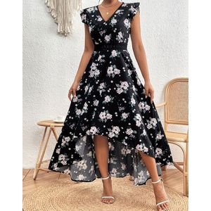 Prachtige sexy elegante zwarte jurk met bloemen maxi lange jurk maat XL