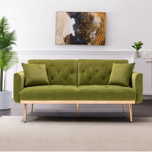 Zachte fluwelen 3-zits design bank - Converteerbaar 3-voudig verstelbare slaapbank - Stevige metalen beensteun - Geschikt voor meerdere scenario's woonkamer slaapkamer of kleine ruimte comfortabel om te zitten of slapen - Olijfgroen Fluweel