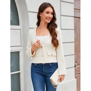 Dames Blazer Casual Lange Mouw Open Voorkant Blazer Jas met Knopen voor Werk Kantoor en Dagelijks Gebroken Wit S