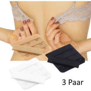 BH verlengstuk I 3 Tussenhaakjes I BH Accessoires I Beha Verlenger I Bra Extender I Rechthoekige Haakjes I Set van 3 I Zwart, Wit & Beige