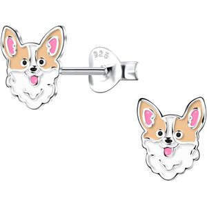 Joy|S - Zilveren hond oorbellen - wit beige met roze in de oortjes - 7 x 8 mm - kinderoorbellen