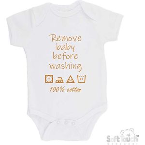 100% katoenen Romper ""Remove baby before washing 100% cotton"" Unisex Katoen Wit/tan Maat 56/62