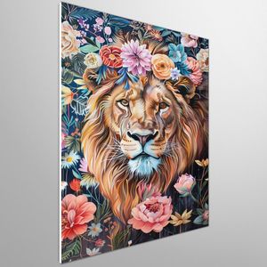 Leeuw met bloemen | Leeuw in bloei: een majestueus kunstwerk vol pracht en kracht | Kunst - 40x60 centimeter op Forex | Foto op Forex