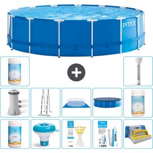 Intex Rond Frame Zwembad - 457 x 122 cm - Blauw - Inclusief Pomp - Ladder - Grondzeil - Afdekzeil Chloor - Chloordrijver - Testrips - Reparatiesetje - Scrubborstel - PH-waarde - PH-waarde - Thermometer