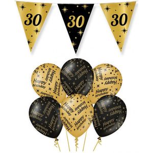 30 jaar verjaardag versiering pakket zwart/goud vlaggetjes/ballonnen